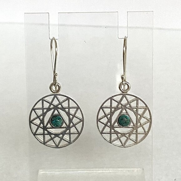 Sterling Silver Openwork Round Mandala Trinity Star Chrysocolla Dangle Earrings - Picture 13 of 16